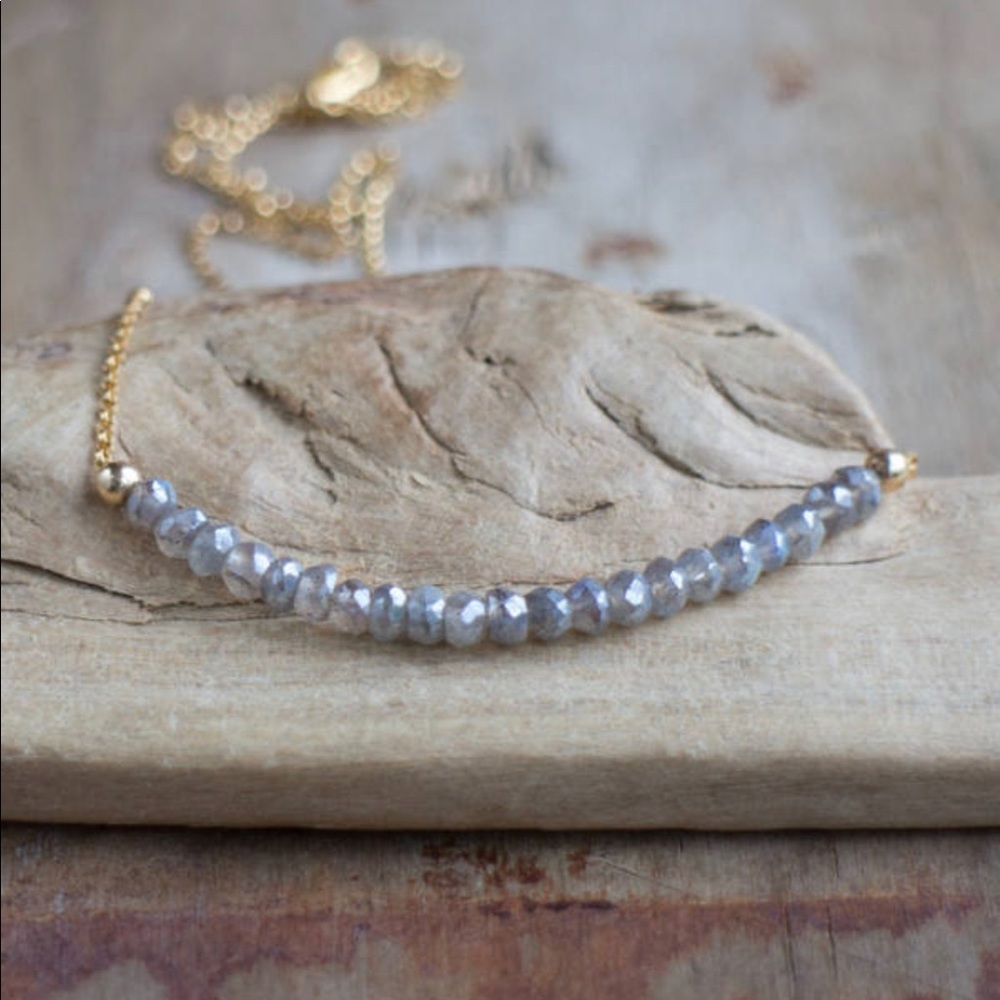 14k Mystic Labradorite Gemstone Gold Bar Necklace - Picture 2 of 4